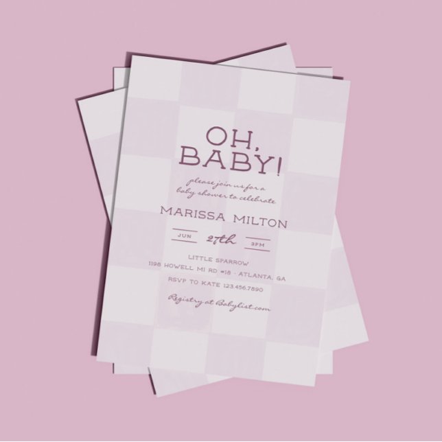 Oh Baby Modern Rosa Rutiga Bebisens Dag Inbjudningar (Skapare uppladdad)