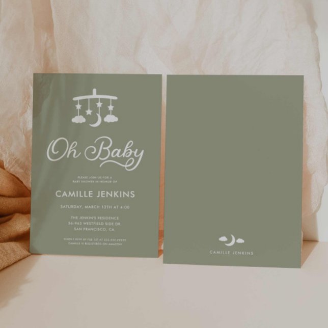 Oh Baby Modern Sage Grönt Baby Shower-inbjudan Inbjudningar (Modern Oh Baby Sage Green Invitation)