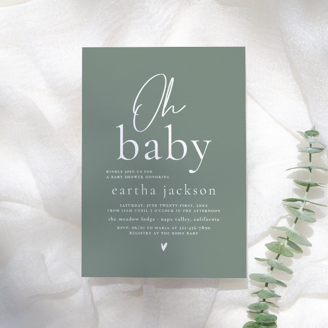 Oh Baby Modern Script Sage Grönt Boho Baby Shower Inbjudningar (Skapare uppladdad)