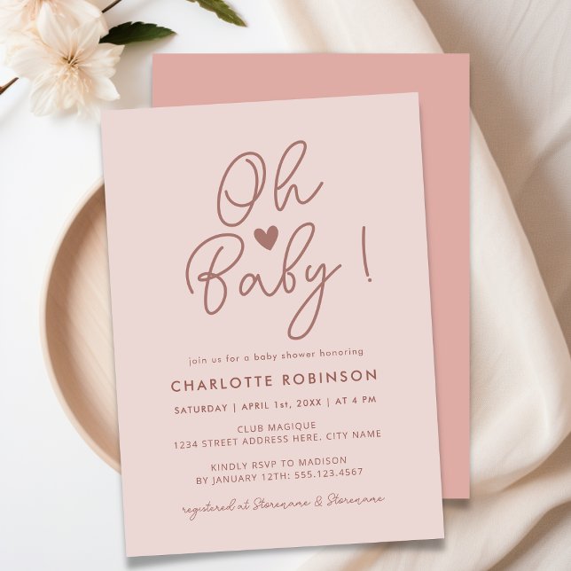 Oh Baby Modern Simple Dusty Rosa Girl Baby Shower Inbjudningar (Skapare uppladdad)