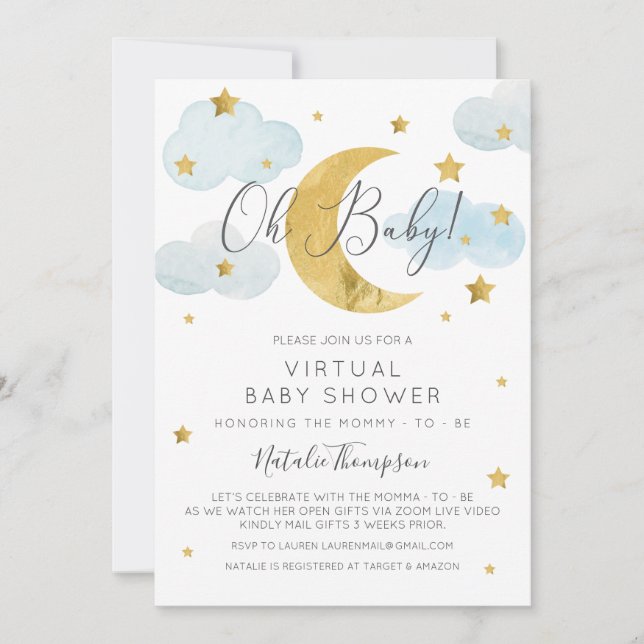 Oh Baby Moon & Stars theme Virtual Baby Shower Inbjudningar (Framsida)