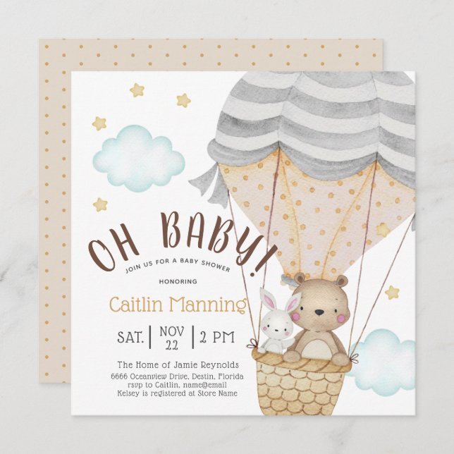Oh Baby Nalle Woodland Neutralt Baby Shower Inbjudningar (Fram/baksida)