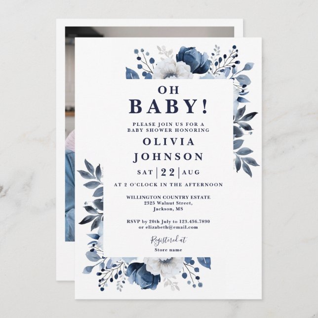 Oh Baby Navy Blue Blommigt Photo Baby Shower Inbjudningar (Fram/baksida)