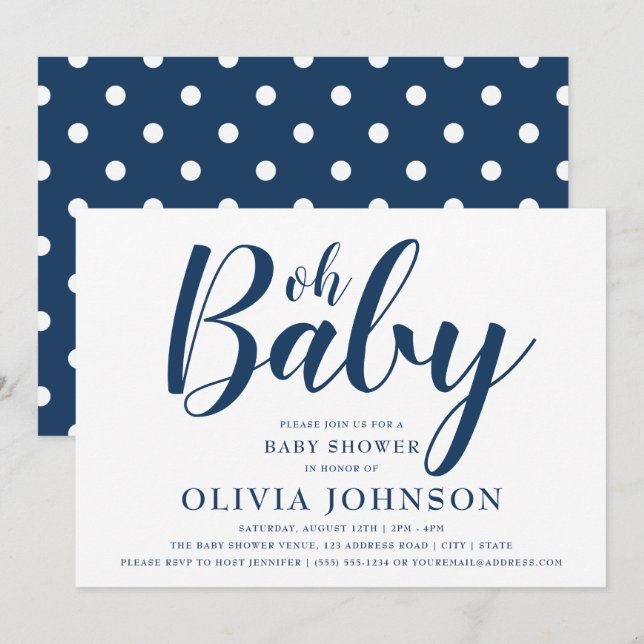 Oh Baby - Navy Blue Polka Dot Baby Shower Inbjudningar (Fram/baksida)