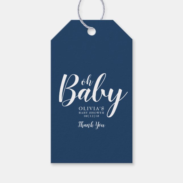 Oh Baby - Navy Blue Polka Dot Baby Shower Presentetikett (Framsidan)