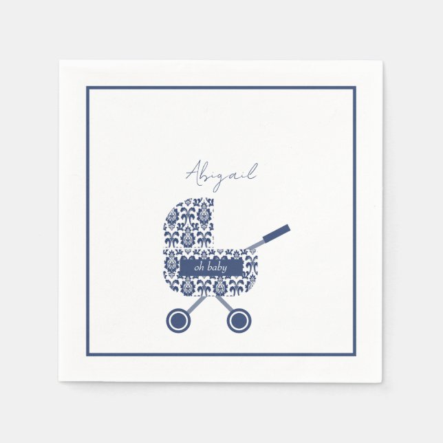 Oh Baby Navy Damask Pram Baby Shower Pappersservett (Framsidan)