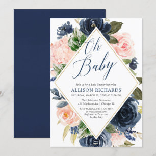 Oh baby Navy och blommigt Flickdusch Inbjudningar