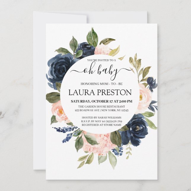 Oh Baby Navy och  Rosa Script Baby Shower Inbjudningar (Framsida)