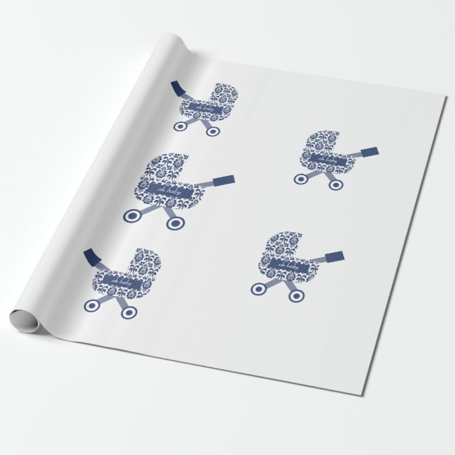 Oh Baby Navy Pram Baby Shower Presentpapper (Utrullad)