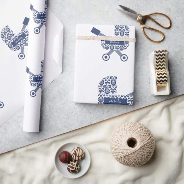 Oh Baby Navy Pram Baby Shower Presentpapper (Hantverk)