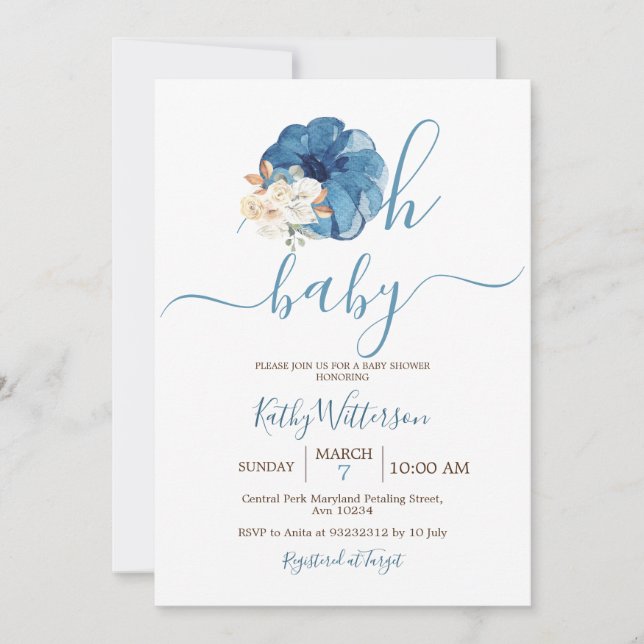 Oh Baby Navy Pumpkin Blommigt Baby Shower Inbjudningar (Framsida)