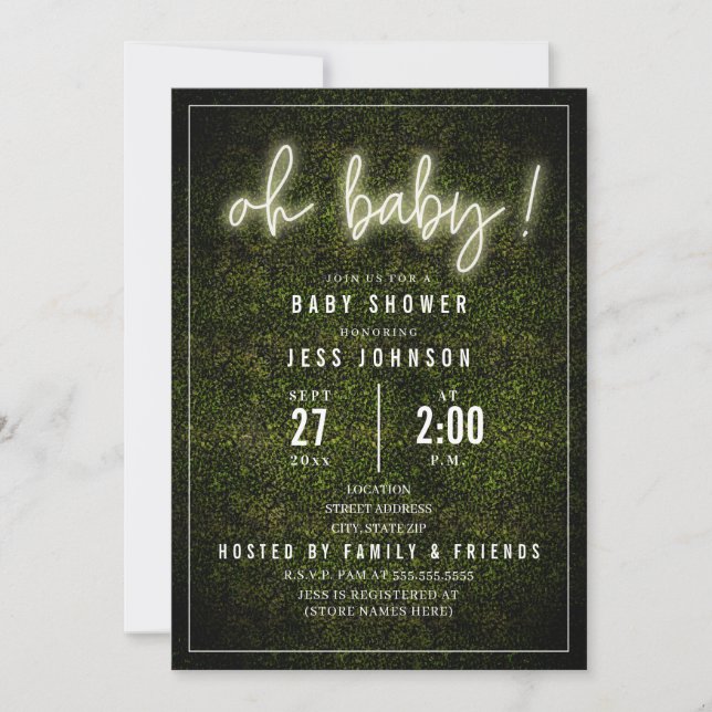 Oh Baby Neon Boxwood Neutralt Baby Shower Inbjudningar (Framsida)