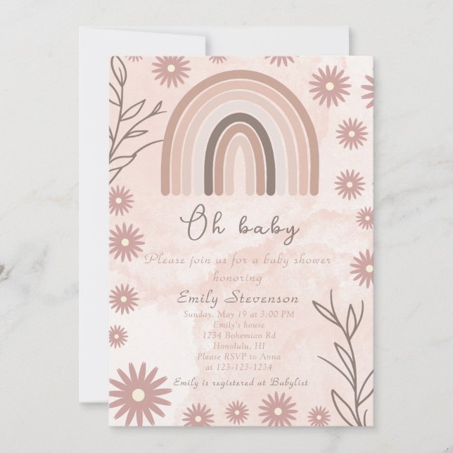 Oh Baby Neutralt Rainbow Baby Shower Boho Blommigt Inbjudningar (Framsida)