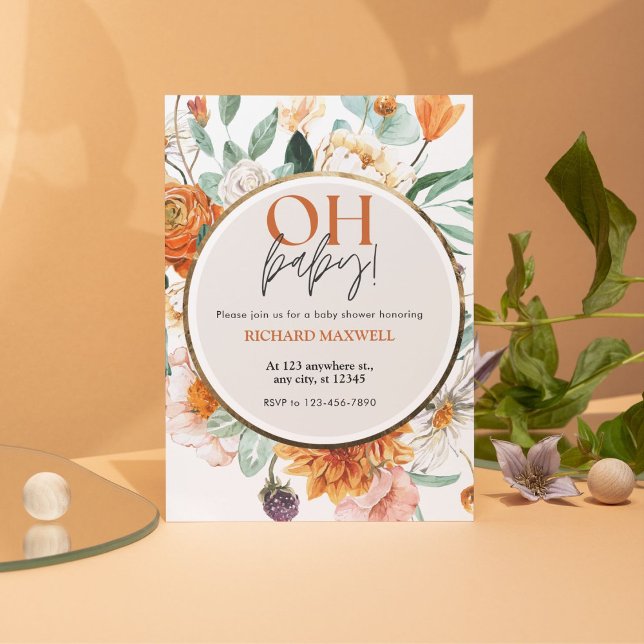 Oh Baby Orange Blommigt och Guld Baby Shower Inbjudningar (Skapare uppladdad)