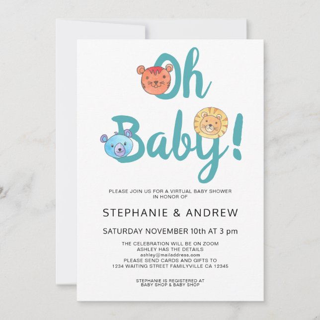Oh Baby Pastel Cute Animals Virtuell Baby Shower Inbjudningar (Framsida)