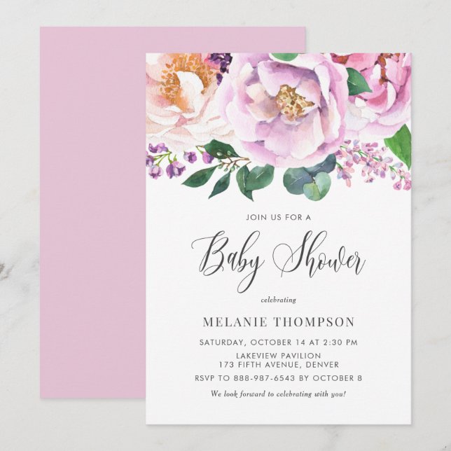 Oh Baby Pastel Lila Peonies Vår Baby Shower Inbjudningar (Fram/baksida)