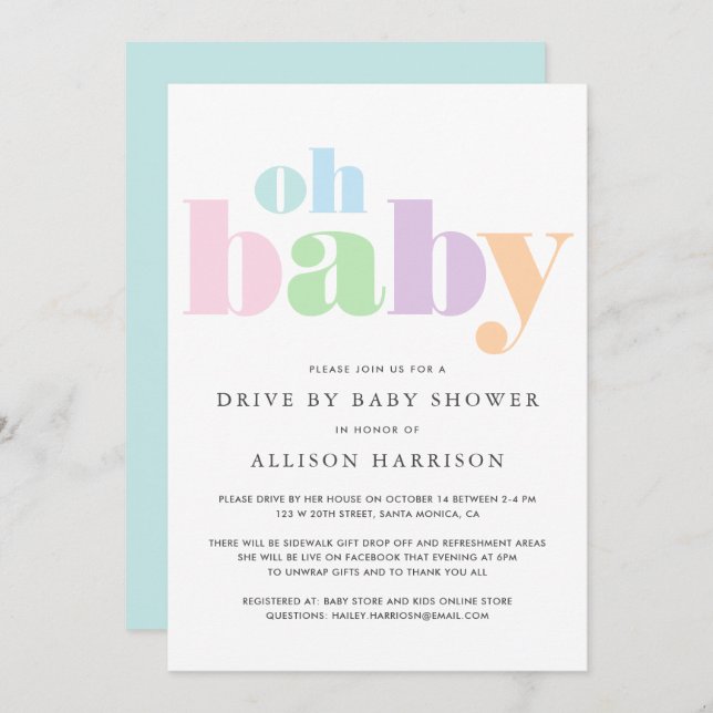 Oh Baby Pastel Minimal Modern Drive by Shower Inbjudningar (Fram/baksida)