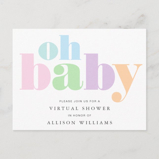 Oh Baby Pastel Typography Virtuell Baby Shower Inbjudan Vykort (Framsida)