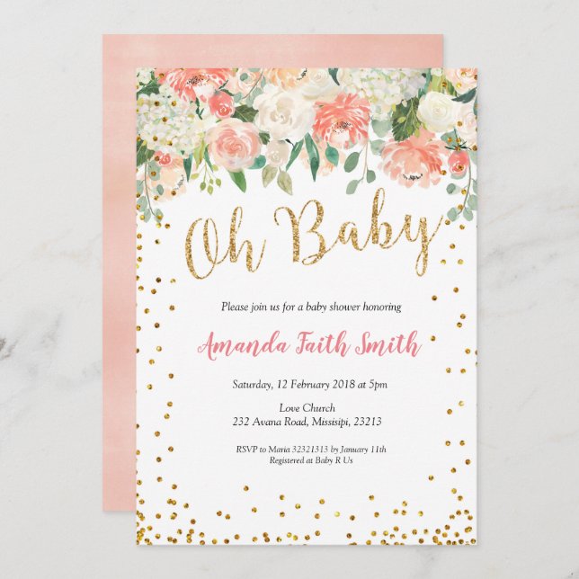 Oh Baby Peach Blommigt Baby Shower-inbjudan Inbjudningar (Fram/baksida)