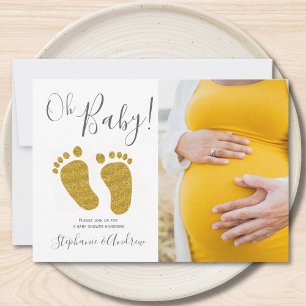 Oh Baby Photo Guld Glitter Baby Shower-inbjudan ti Inbjudningar