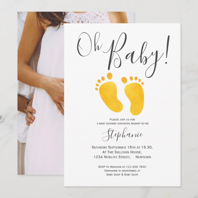 Oh Baby Photo Gult Feet Baby Shower-inbjudan Inbjudningar (Fram/baksida)
