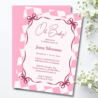 Oh Baby Pink Gingham Bows Baby Shower Inbjudningar