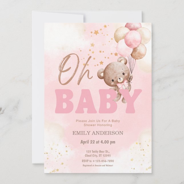 Oh Baby Pink Teddy Bear Balloons Girl Baby Shower  Inbjudningar (Framsida)