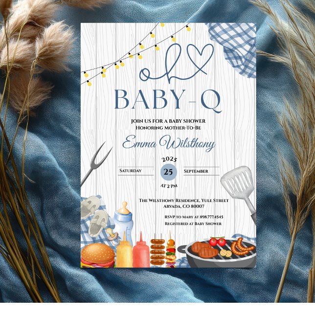 Oh Baby-Q Baby Shower Boy Rustic BBQ Inbjudningar (bbq baby shower invitations blue gingham backyard plaid barbecue rustic country cute boy fun  babyq)