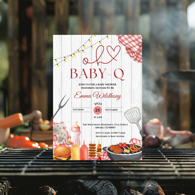 Oh Baby-Q Baby Shower Girl Rustic BBQ Inbjudningar (bottle pacifier red gingham check bbq baby shower invitations backyard plaid barbecue country out )