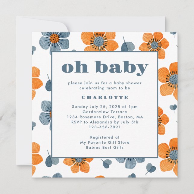 Oh Baby Retro Blommigt Orange Blue Baby Shower Inbjudningar (Framsida)