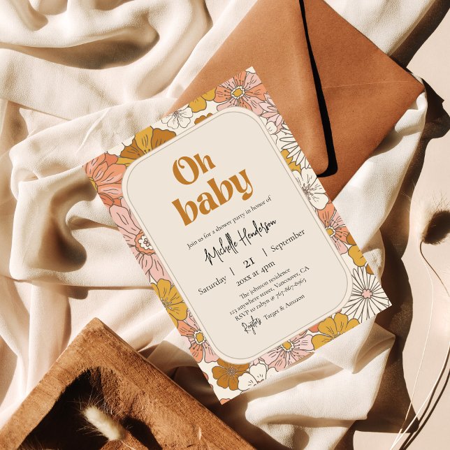 Oh baby Retro Boho Blommigt babydusch Gravid Inbjudningar (Skapare uppladdad)