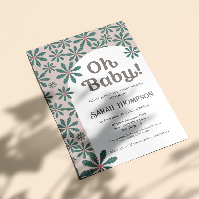 Oh baby Retro Boho Daisy Flower Arch Baby Shower Inbjudningar (Retro Oh Baby boho baby shower invitation. )
