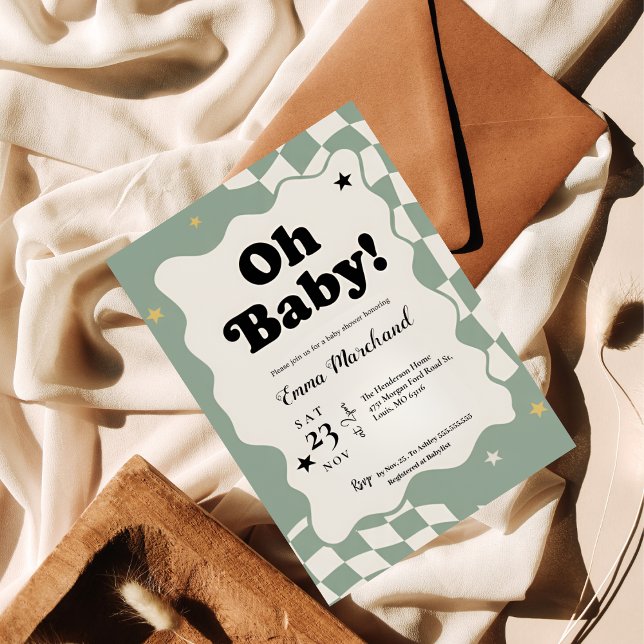 Oh Baby! Retro Checkered Sage Green Baby Shower  Inbjudningar (Skapare uppladdad)