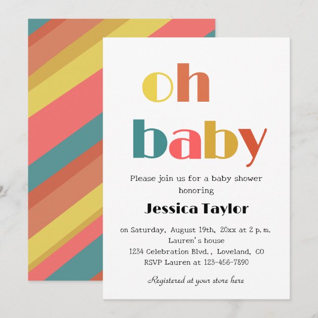 Oh Baby Retro Rainbow Baby Shower-inbjudan Inbjudningar (Fram/baksida)