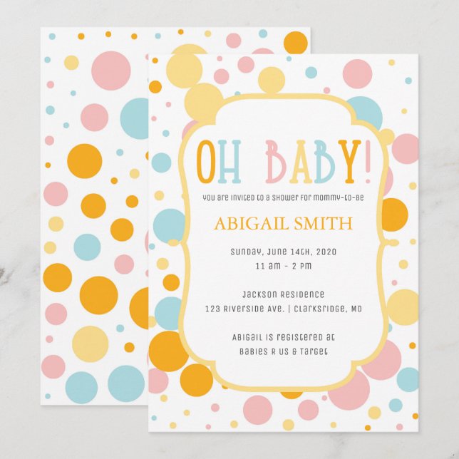 Oh Baby Roligt Polka dots Baby Shower Inbjudan (Fram/baksida)