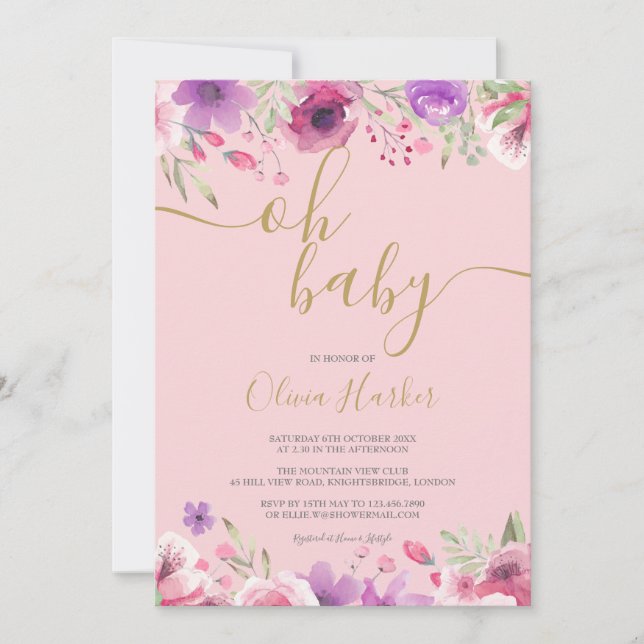 Oh Baby Rosa Äng Blommor Baby Shower / Sprinkle Inbjudningar (Framsida)