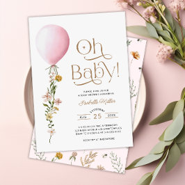 Oh Baby Rosa Balloon Blommigt Baby Shower-inbjudan Inbjudningar