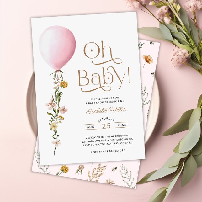 Oh Baby Rosa Balloon Blommigt Baby Shower-inbjudan Inbjudningar (Oh Baby Pink Balloon Floral Baby Shower Invitation)