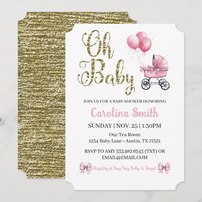 Oh Baby Rosa Barnvagn Glitter Baby Shower Guld Inbjudningar (Fram/baksida)