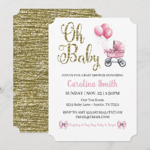 Oh Baby Rosa Barnvagn Glitter Baby Shower Guld Inbjudningar