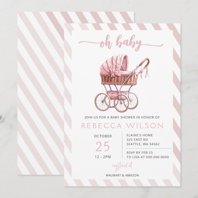 Oh Baby Rosa Barnvagn Pram Girl Baby Shower Inbjudningar (Fram/baksida)