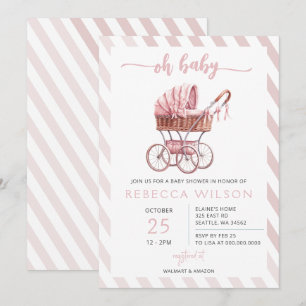 Oh Baby Rosa Barnvagn Pram Girl Baby Shower Inbjudningar