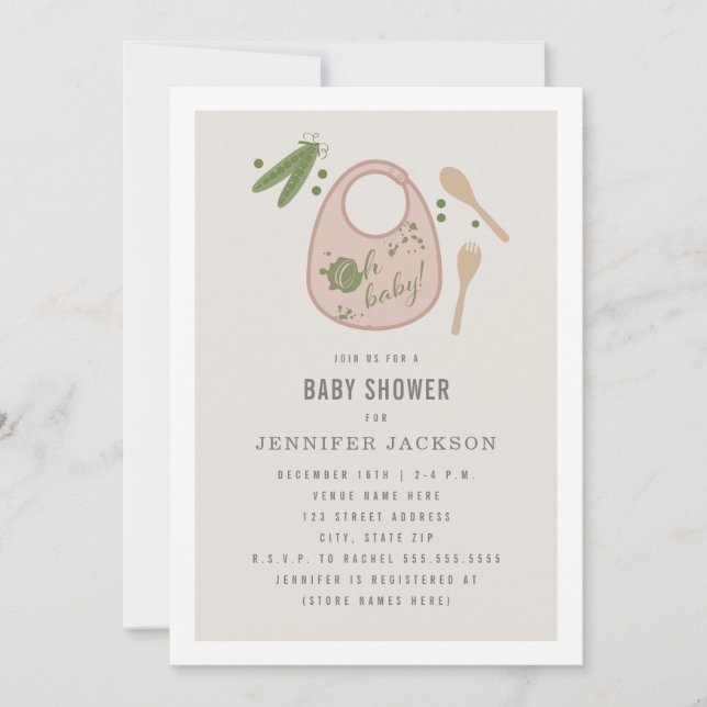 Oh Baby Rosa Bib Peas Fork Spoon Girl Baby Shower Inbjudningar (Framsida)