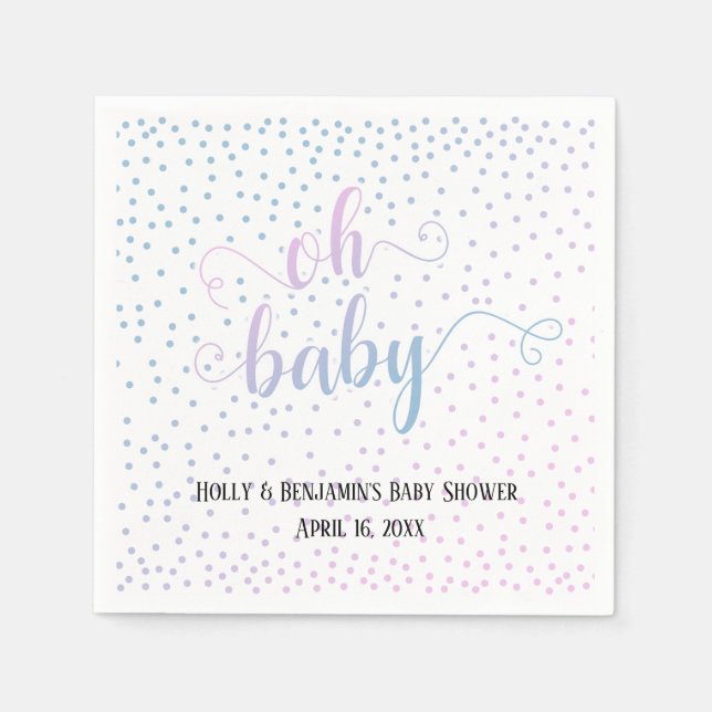 "Oh Baby!" Rosa Blå Konfetti, Namn & Datum Pappersservett (Framsidan)