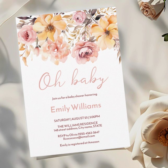 Oh Baby  Rosa Blommigt Baby Shower-inbjudan för  Inbjudningar (Blush pink and peach peonies watercolor girl baby shower invitation )