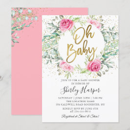 Oh Baby Rosa Blommigt Greenery Glitter Baby Shower Inbjudningar