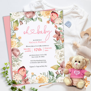 Oh Baby Rosa Butterfly Blommigt Girl Baby Shower Inbjudningar
