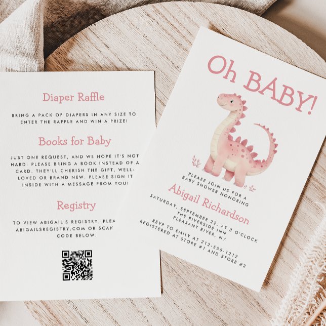 Oh Baby Rosa Dinosaur QR Code Girls Baby Shower Inbjudningar (Skapare uppladdad)