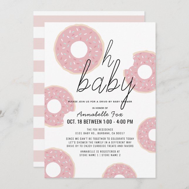Oh Baby Rosa Donut Girl Drive by Baby Shower Inbjudningar (Fram/baksida)