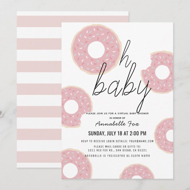 Oh Baby Rosa Donut Girl Virtuell Baby Shower Inbjudningar (Fram/baksida)